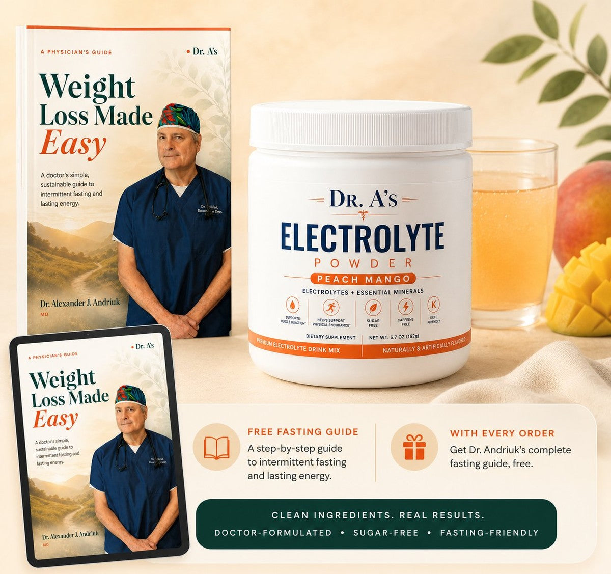 Dr. A's Electrolyte Powder for Fasting and Hydration, Sugar-Free, Peach Mango, 30 Servings, (Free Ebook Included)